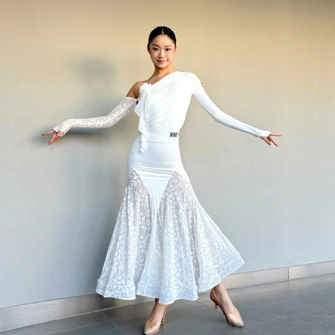 Adults Samba Ballroom Dance Dresses Women'S Waltz Modern Dancing Clothes White Irregular Sleeves Top Long Skirts Costume SL11652