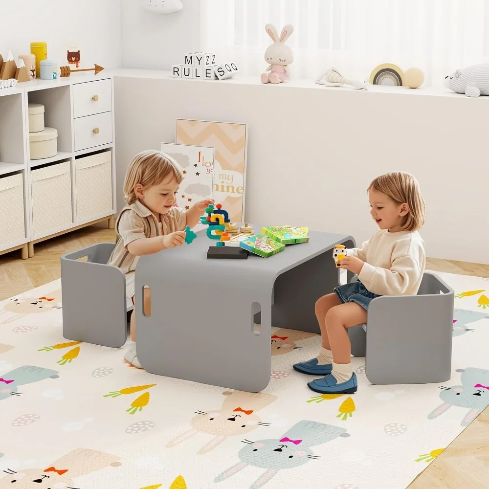 Kids Table and Chair Set, All in 1 Wood Activity Table, Bench, Storage Shelves, Desk for Children Reading, Arts, Crafts, Snack