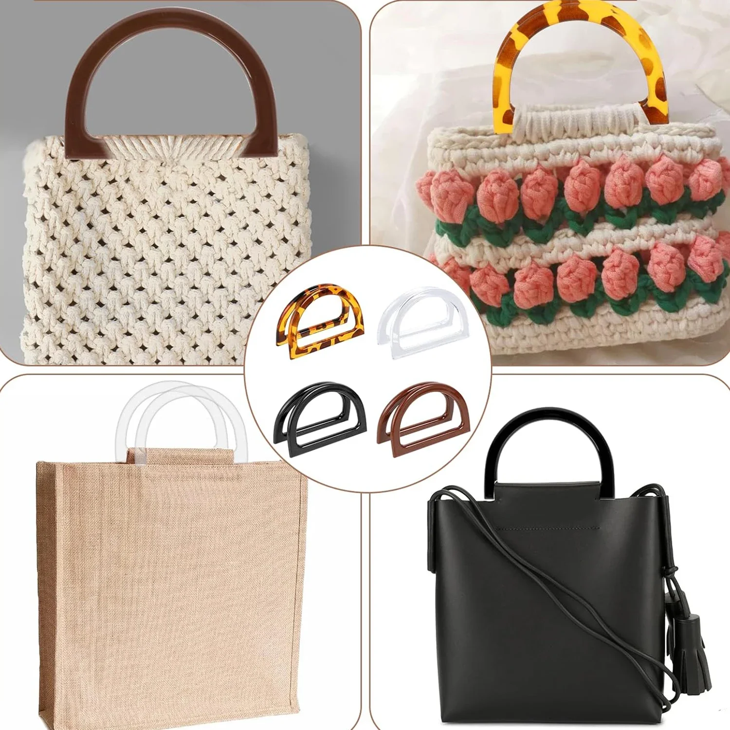 2-8 Pcs D Shape Purse Handles Handbag Handles Replacement for Handmade Crochet Bag Summer Beach Straw Bag DIY Accessories