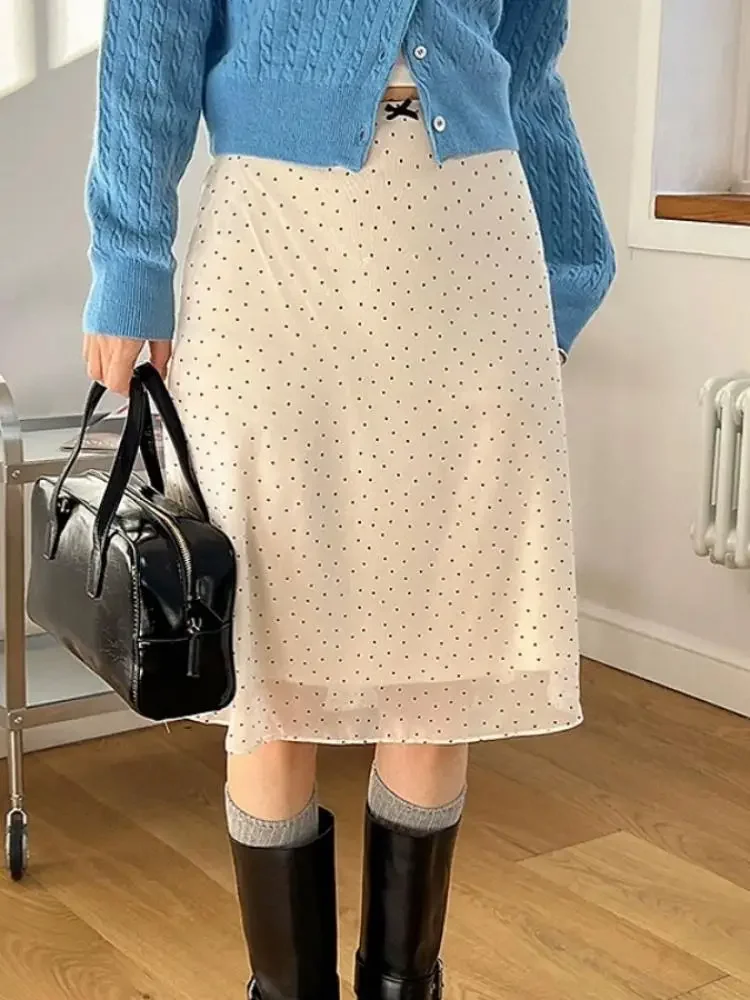 Women's High Waist Polka Dot Skirt Spring A-Line Korean Style Office Commute Skirt Stretchy Comfortable Splice Design