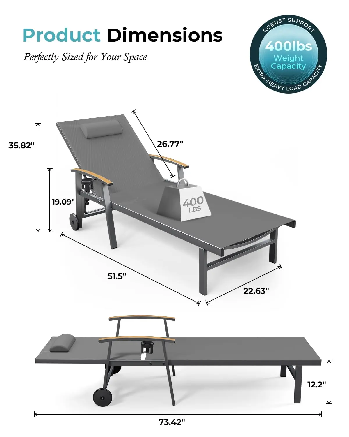 Outdoor Lounge Chair 2-Pack, 5-Position Aluminum Chaise with Wheels & Armrests, 400 lbs Patio Chair Grey, Customized