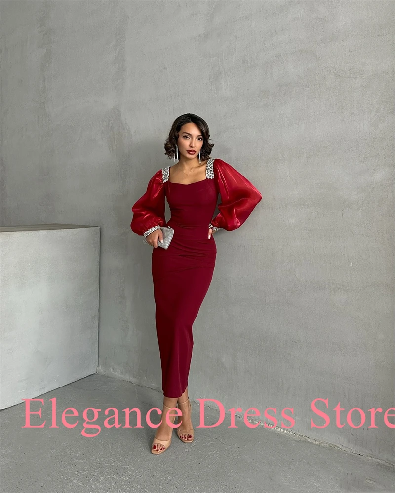 Customized High Quality Square Collar Pleats Crystal Evening Dresses Graceful Long Sleeves Vestido De Festa Vestido De Noche