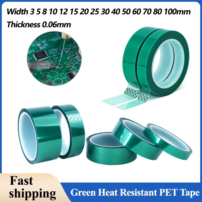 

Width 3mm - 100mm Green PET Film Tape High Temperature Heat Resistant PCB Solder SMT Plating Shield Insulation Protection 33m