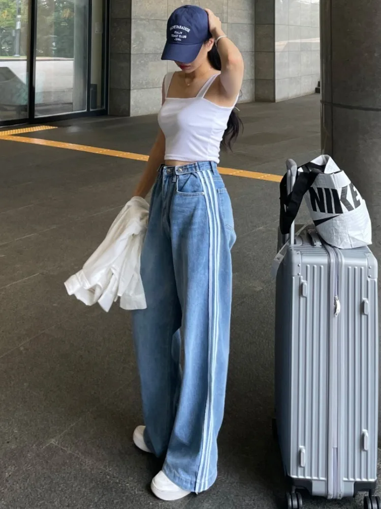 

Adjustable Waist Striped Loose Slim Wide Leg Straight Jeans Women Dongda Gate New 2026 Korean Sle Casual Cotton Denim