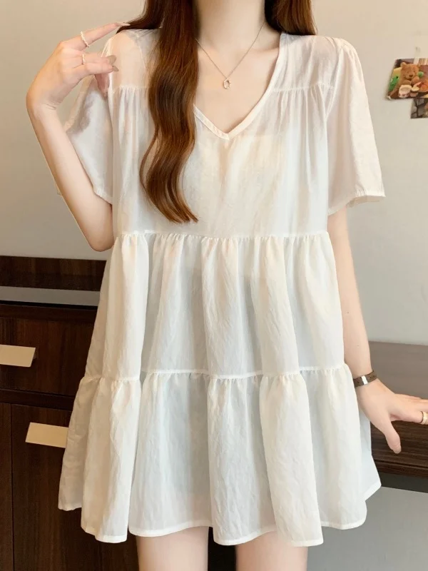 

plus Size Women's V-Neck Doll Shirt Loose Fashionable Versatile Mid-Length Top Korean Style Breathable Skin-Friendly Short Sl...