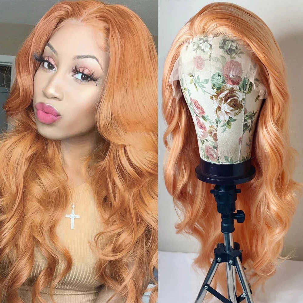 RDY Light Orange Body Wave Synthetic Lace Front Wigs For Women Daily Wear Side Part Lace Wigs Orange Wig Long Hair Cosplay Wigs