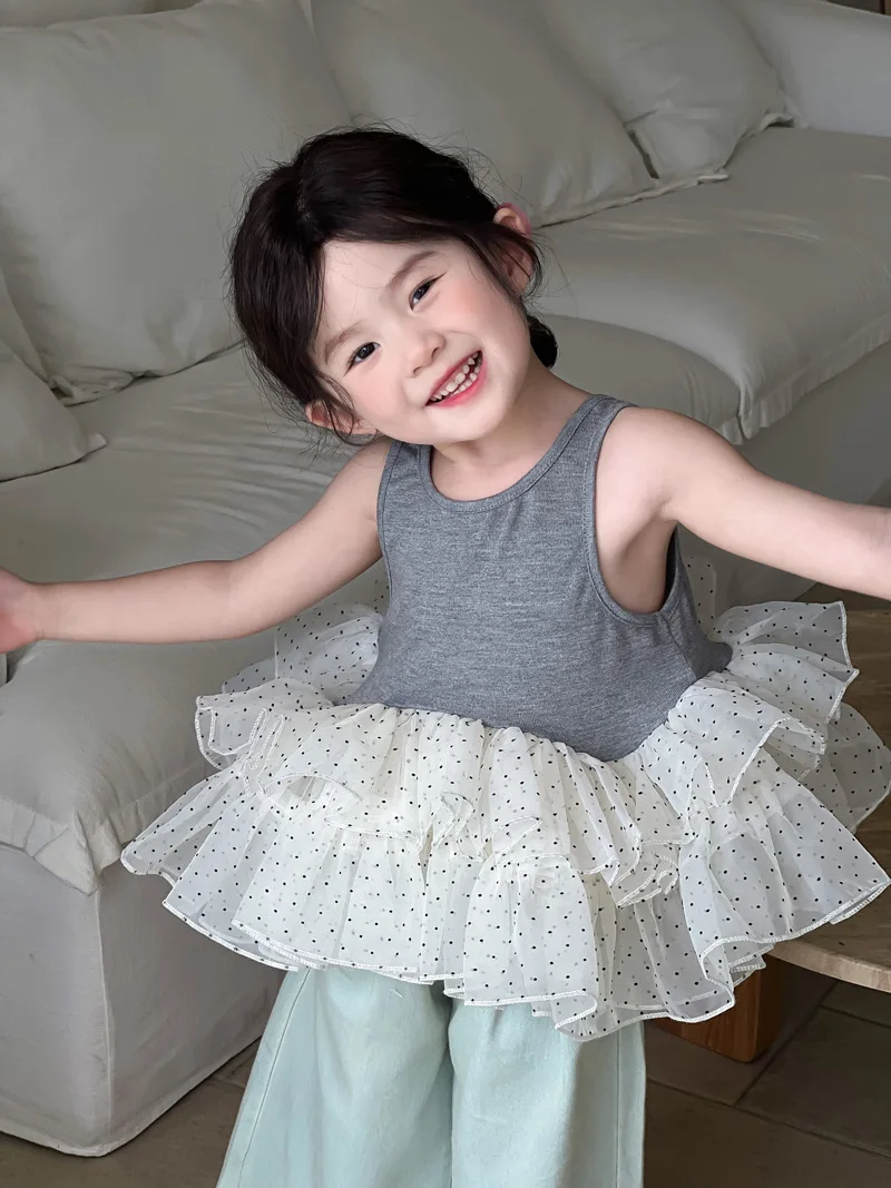 

2025 Summer Fashion Girls Polka Dot Sleeveless Vest Mesh Skirt 1-8y Kids Children's Tulle Dress Elegant Girl Casual Clothes Top