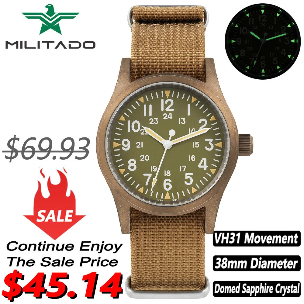 Militado ML05 Vintage Watch VH31 Quartz Movement Domed Sapphire Crystal With High Clear AR Coating 38mm Military Field Watches