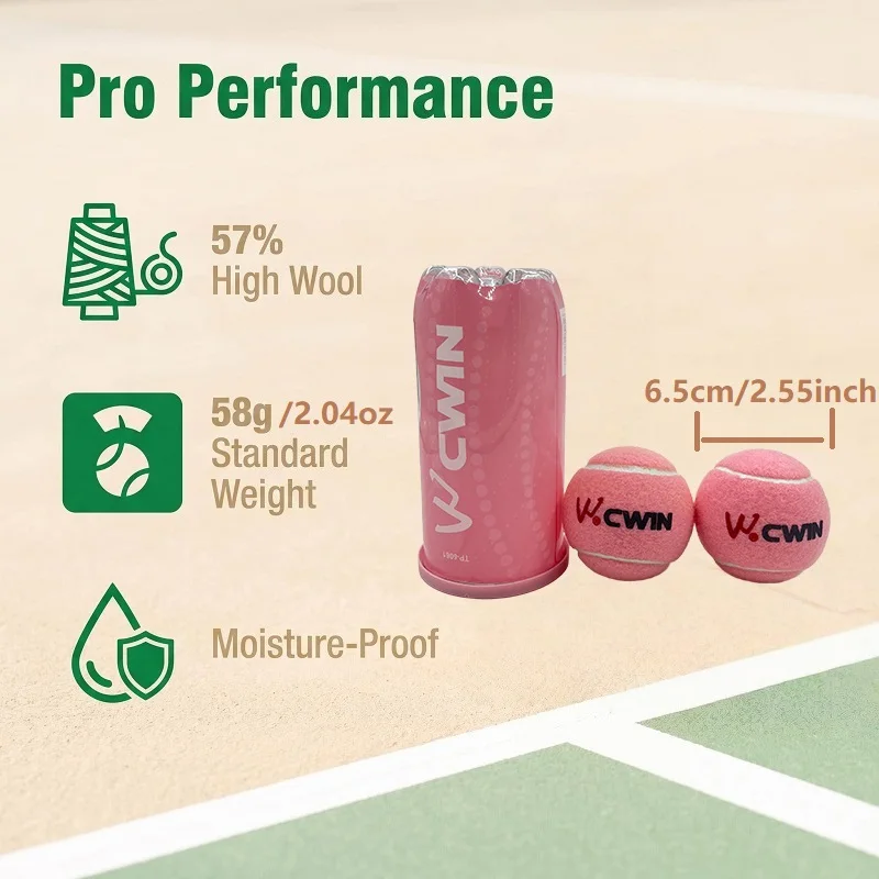 CWIN Pink Padel Tennis Balls 2-Pack Sealed Can 57% Wool Standard 58g Training Tennis Balls Padel Accessories for Practice