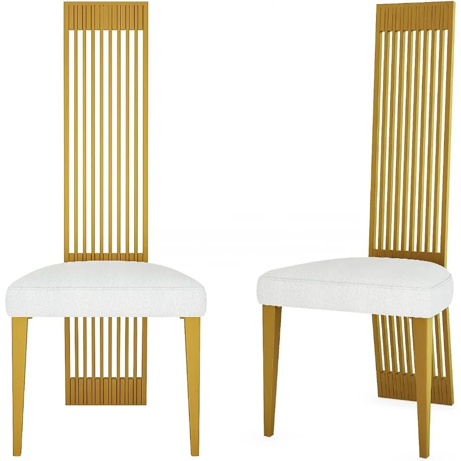 Brushed Gold Dining Chairs Set of 2 Upholstered High Back White Dining Chairs with Stainless Steel Backrest and Legs Modern Sim