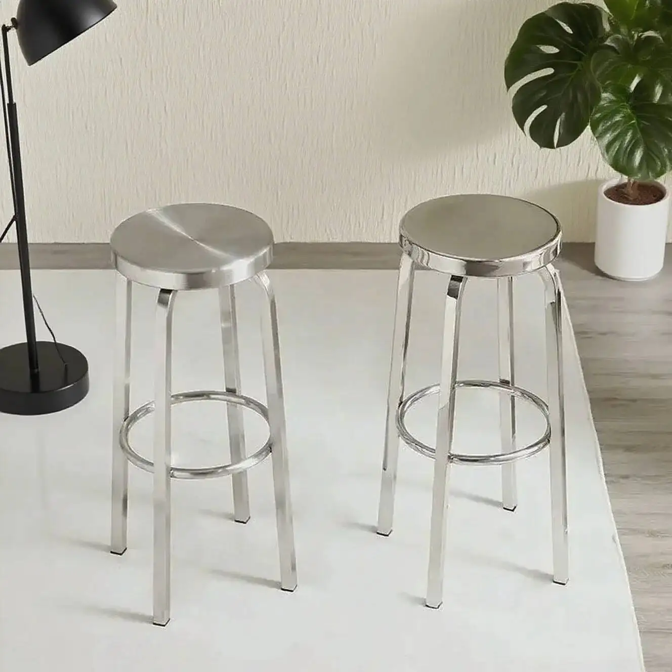 مقاعد بار من الفولاذ المقاوم للصدأ - مقعد دائري حديث، مرتفع - مقعد لجزيرة المطبخ/المقهى، مقعد بإطار معدني متين