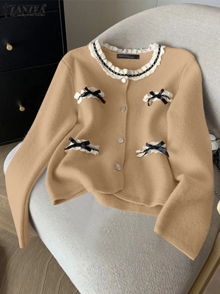 

Women Sweaters Cardigan ZANZEA Elegant Spring Autumn Blouses Thin Jackets Long Sleeve Buttons Tops Tunic Bow Tie Office Shirt