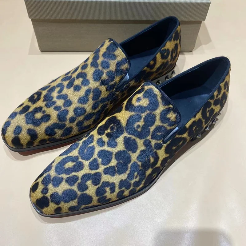 

Italy Horsehair Leather Loafers Fashion Leopard Print Mens Shoes Handmade Rivets Shoes For Men Slip On Dress Shoes Party Shoes