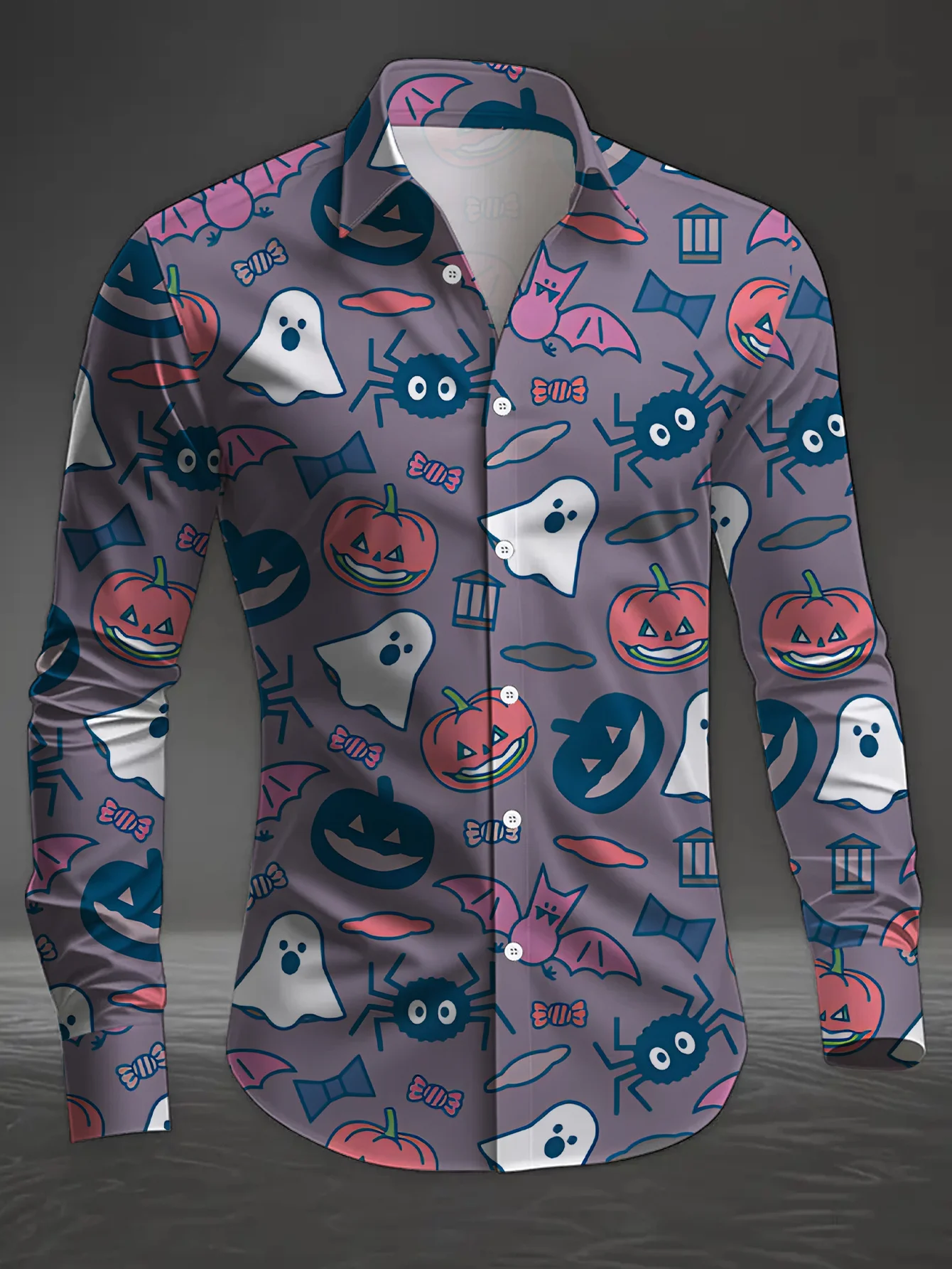 Men Long Sleeve Button Down Shirt Purple Halloween Pumpkin Ghost Spider Print Polyester Lapel Collar Party
