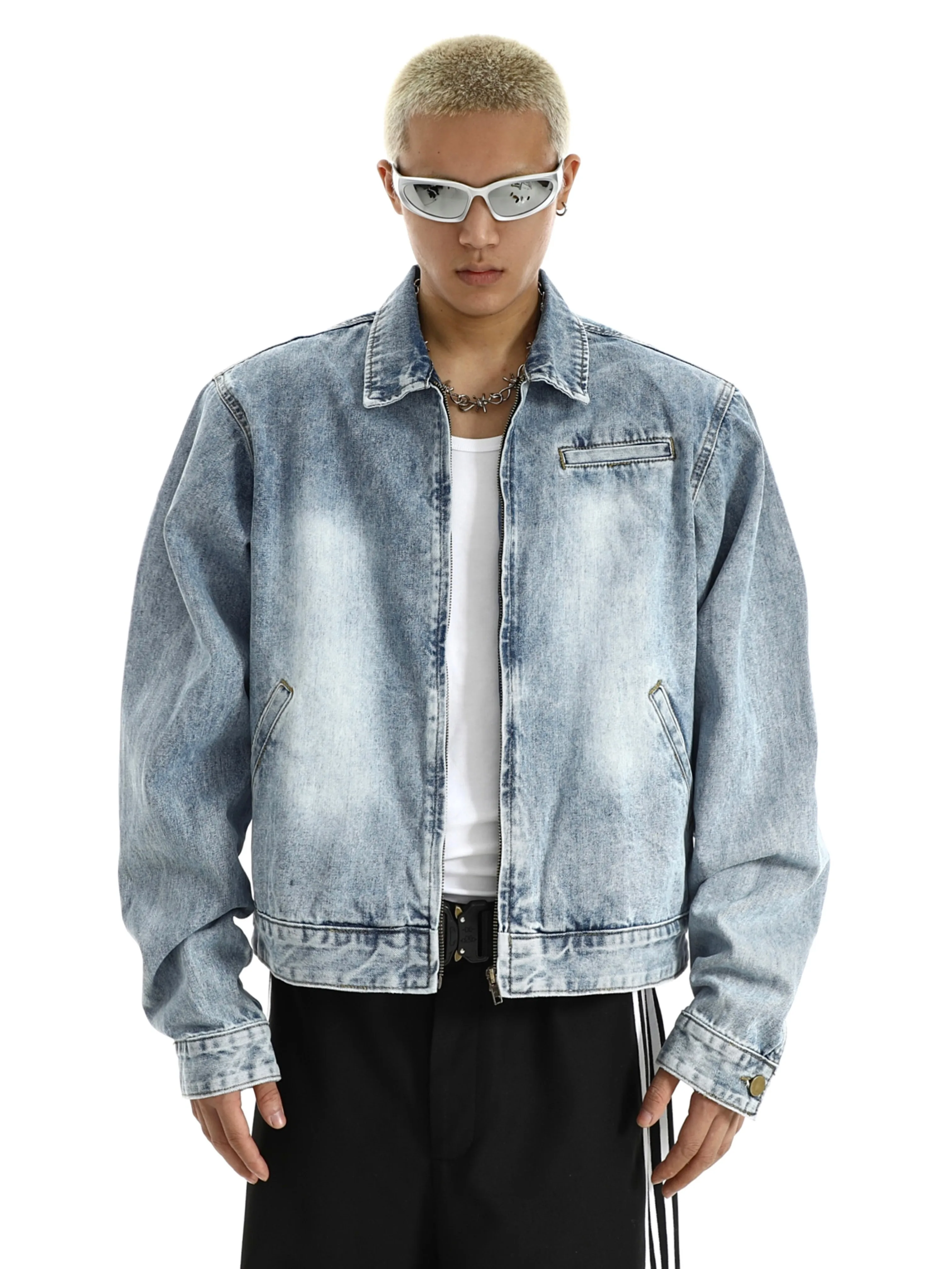 Advanced Gradient Washed Zipper American Retro Jacket for Men New Niche Design Denim Coat