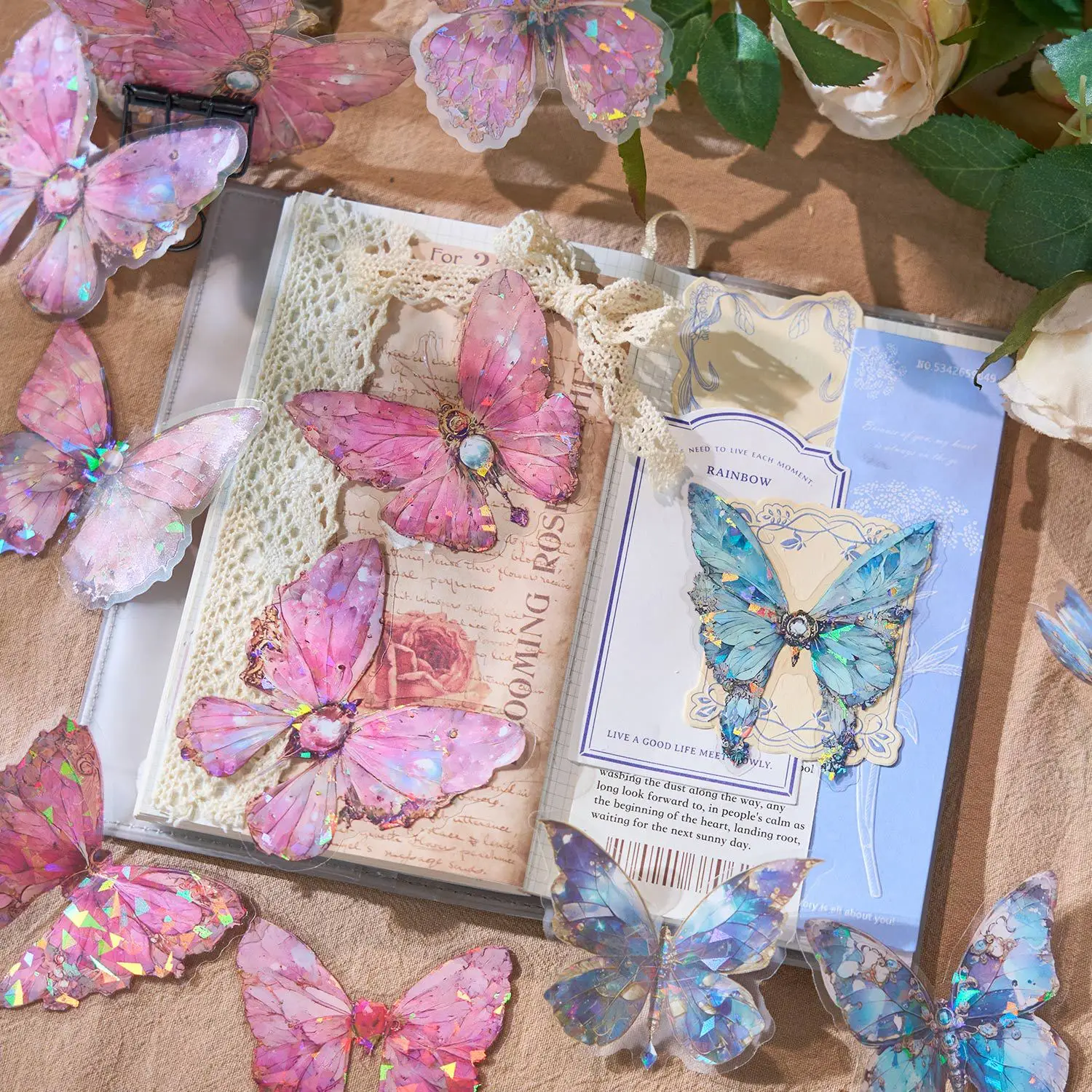 20pcs/pack Butterfly Stickers Decorative PET Retro DIY Ablum Diary Journal Planner Ice Crystal Laser Material Scrapbook Label