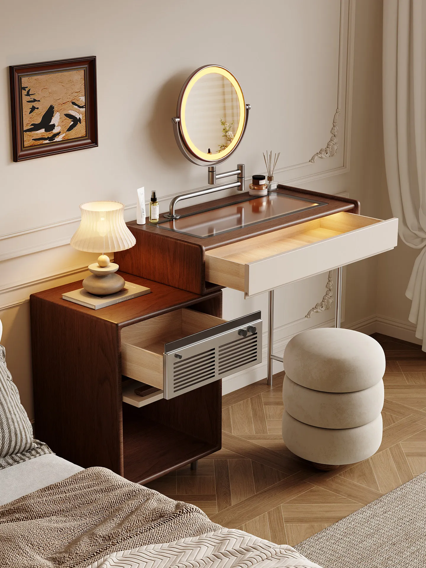 Modern small apartment Bauhaus style bedroom bedside solid wood with mirror belt multi-functional storage cabinet integrated mak