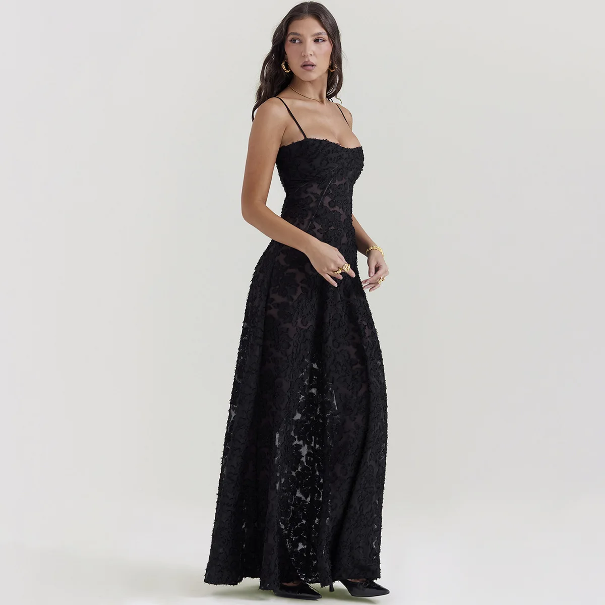 Oligai Maxi Black Formal Occasion Dress Elegant Spaghetti Strap Event Party Dresses Embroidery See Through Women\'s Clothing