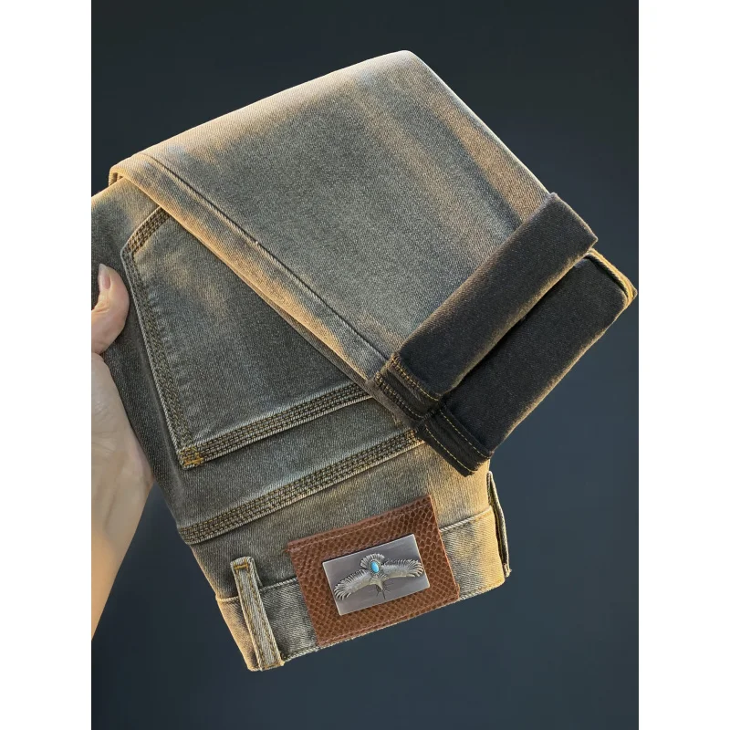 

Мужские джинсы в стиле ретро, модный новый стиль, потертые и стираные осенние толстые эластичные узкие брюки 2025 года.