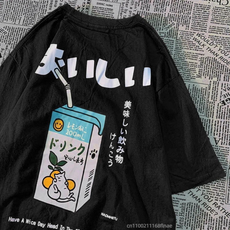 ニューストリートダンスウェア トップス 半袖 可愛い日本の猫プリント オーバーサイズTシャツ メンズ レディース ヒップホップ 半袖