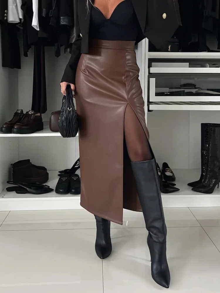 Women Autumn All Match Pencil Skirts, 2024 Elegant High Slit Solid Patchwork Maxi Skirts, PU Leather Slim Lady Skirts Streetwear