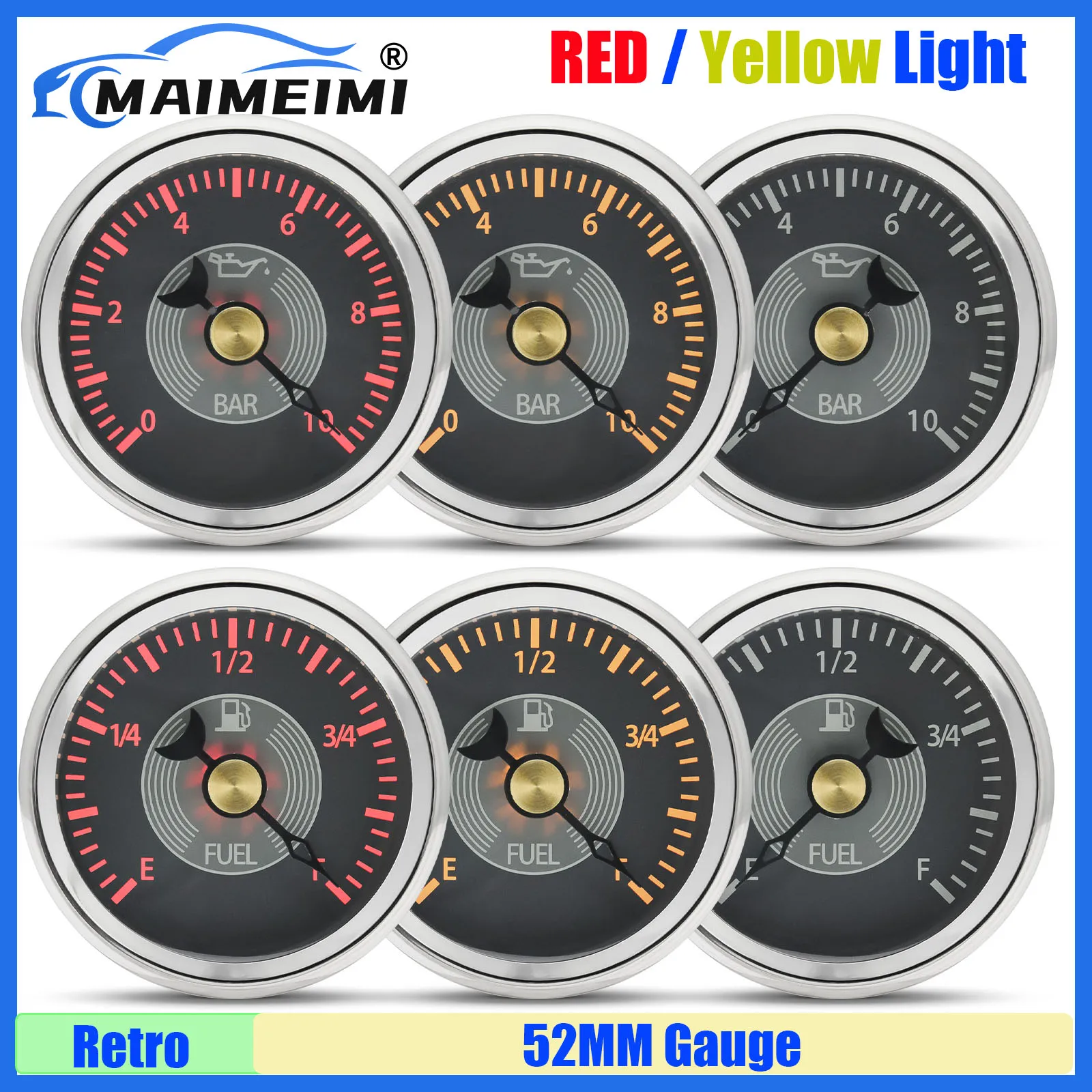 

MAIMEIMI Vintage Styling 52MM Oil Pressure Gauge 0-190ohm Fuel Level Gauge Water Temperature Gauge Voltage Waterproof Car Boat