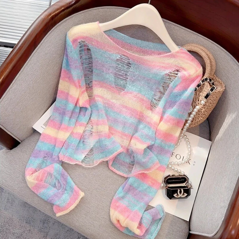 

Colorful Striped Hole Knitted Pullover Women Autumn O Neck Loose Long Sleeve Thin Sweater Fashion Versatile Crop Tops