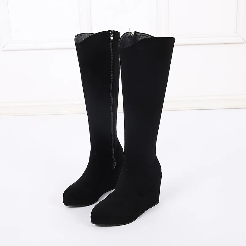 2024 Autumn Early Winter Shoes Women Knee High Boots Single Wedges Ladies Ankle Boots Plus Size 42 Black Wedge Heels 10cm D167