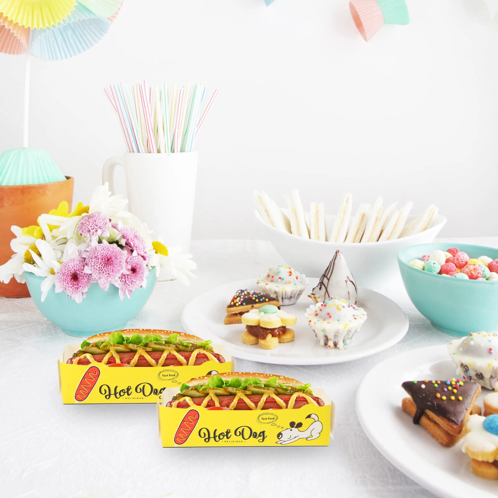 

50pcs Hot Dog Box Disposable Paper Food Serving Tray Foldable Oil-Proof Waterproof Snack Open Packing Tray For Festival Picnic