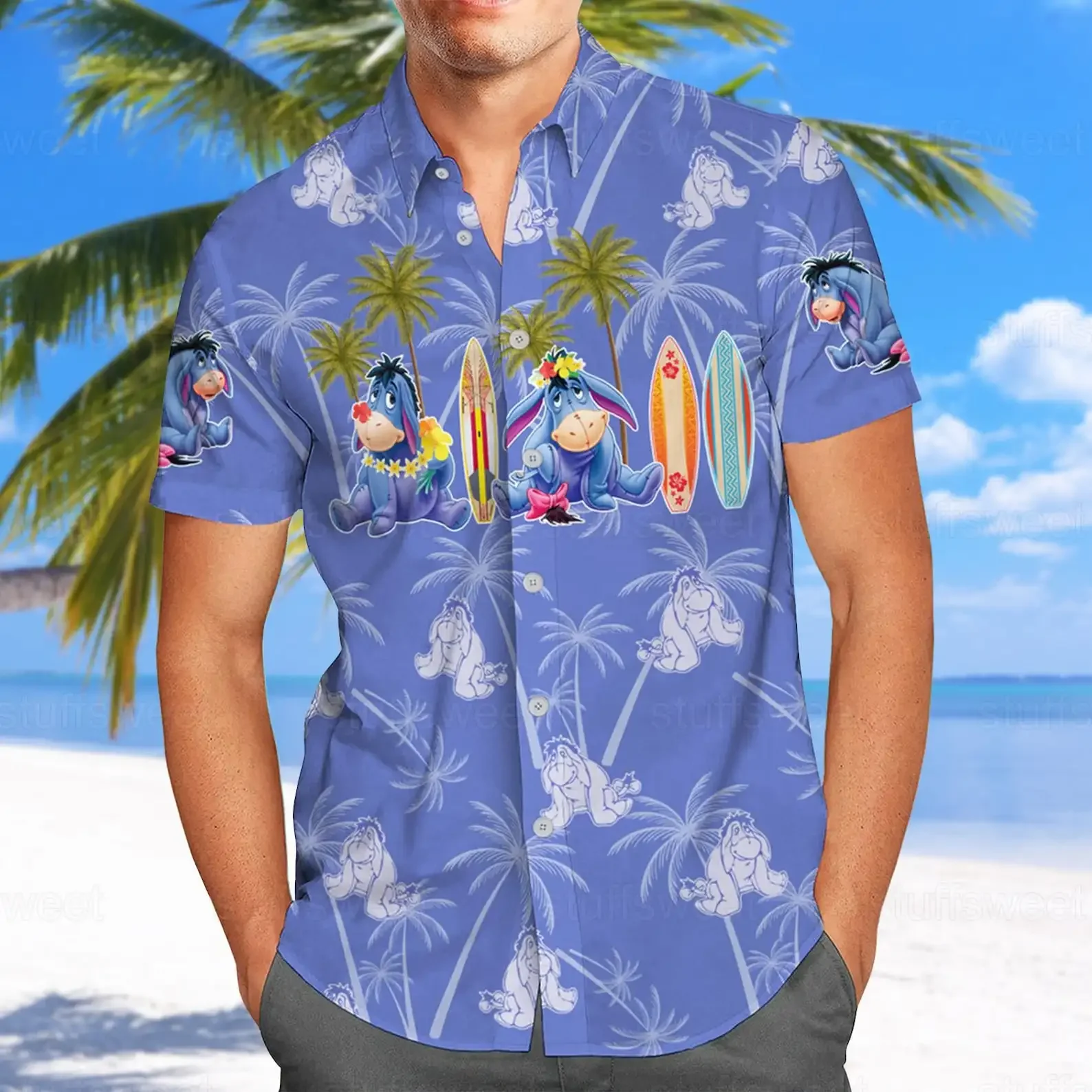 Camisas hawaianas de Disney Eeyore para hombres y mujeres, camisas de manga corta, camisas hawaianas de Disney, camisas de playa informales de