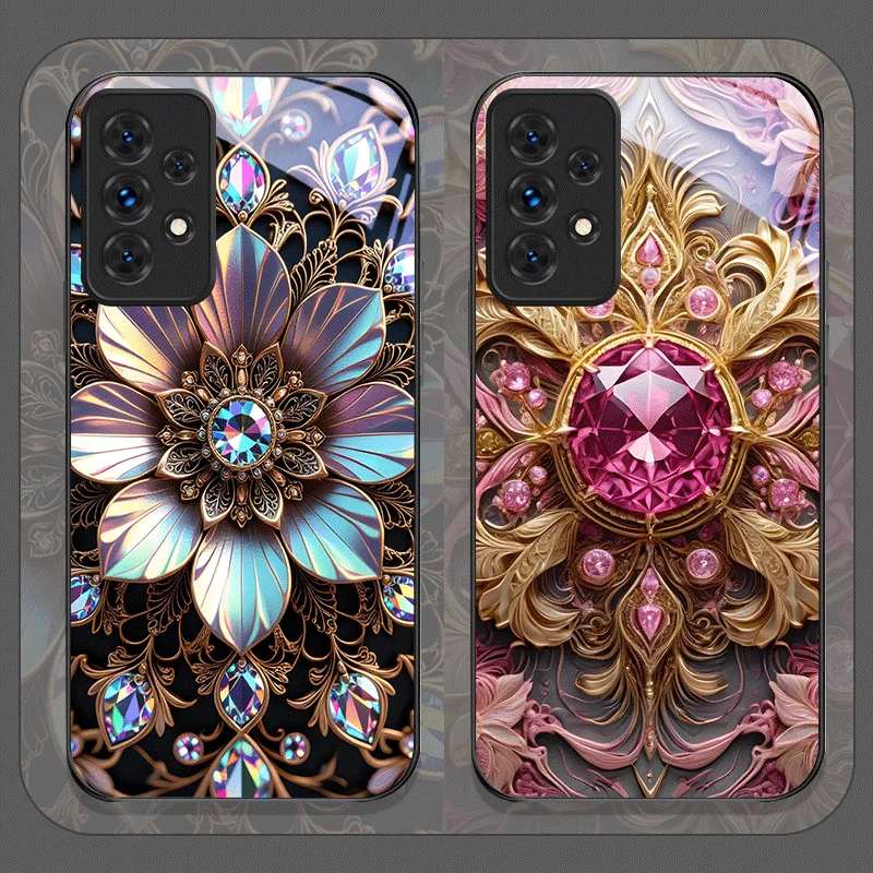 Funda de teléfono de vidrio templado con diseño de flores y piedras preciosas elegantes para Samsung Galaxy A56 A71 A72 A55 A54 A53 A52 A36 A14 A50 A16