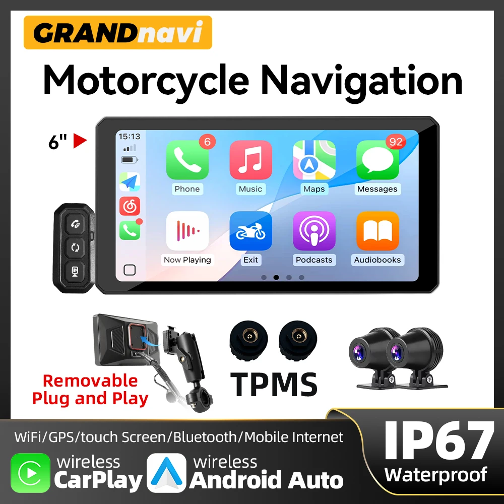 

6Inch Motorcycle Navigation IP67 Waterproof Wireless Carplay Android Auto DVR Drive Recorder Moto Monitor WIFI Moto Carplay