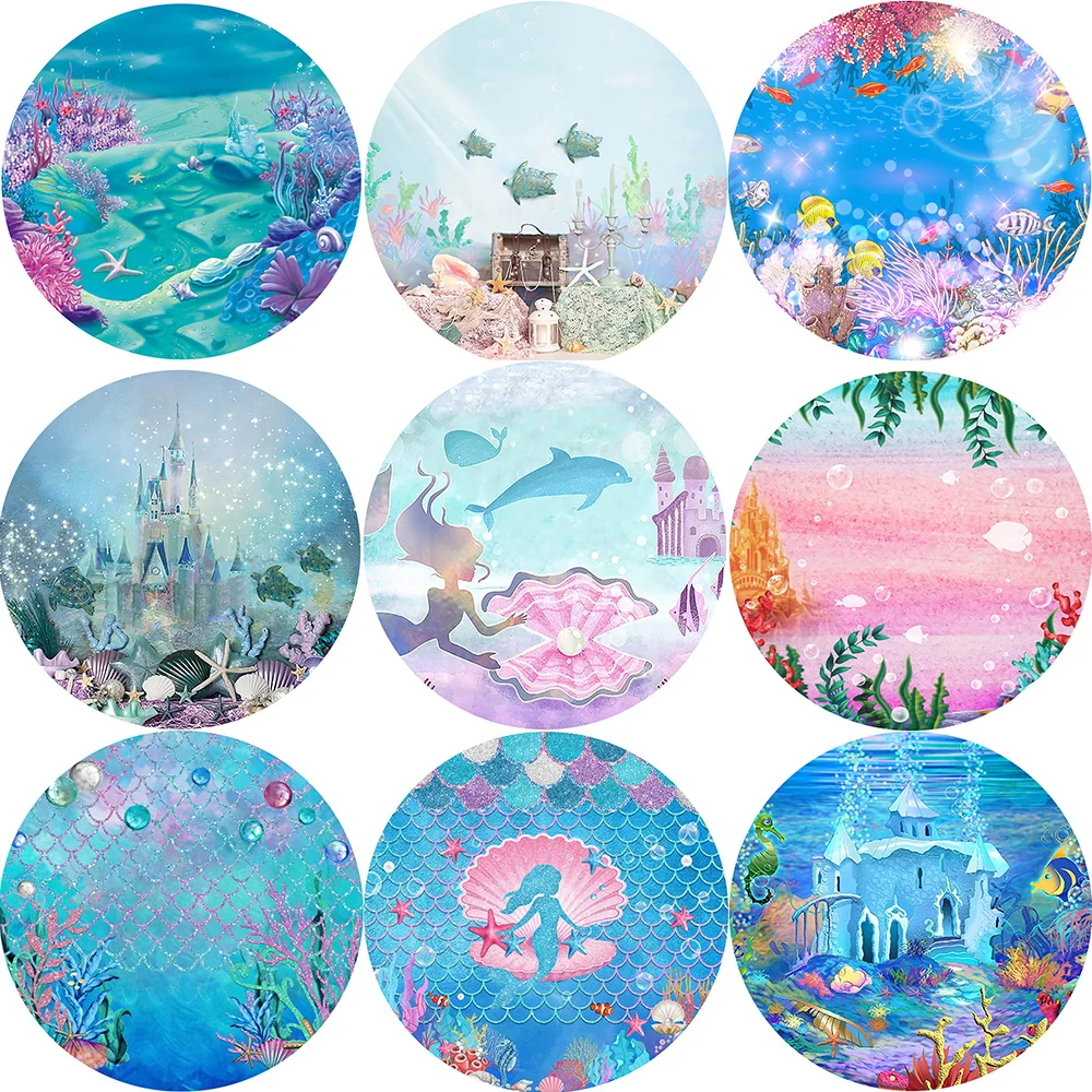 Mocsicka Undersea Scene Mermaid Theme Birthday Backdrop Rainbow Fish Scale Background Baby Party Round Banner  Photostudio Props