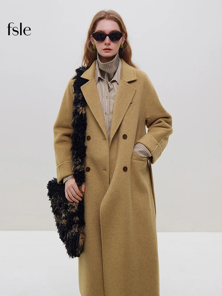 

FSLE 2025 New Autumn Winter Temperament Long Coat Double Breasted Woolen Coats 58.8% Wool Belt Design Female Coat Office Lady