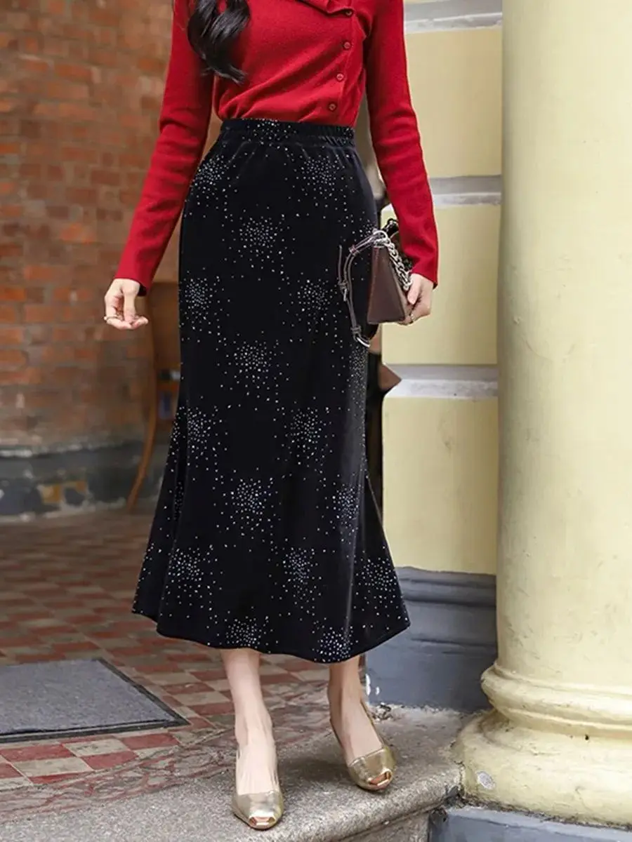 High Quality Rhinestone Starry Fishtail Skirt for Women New Autumn/Winter Vintage High-Waisted Velvet Skirts