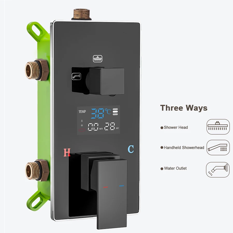 Digitale wandgemonteerde douchemengkraan 2/3-weg zwart/chroom met display High Tech waterregeling voor bad en douche