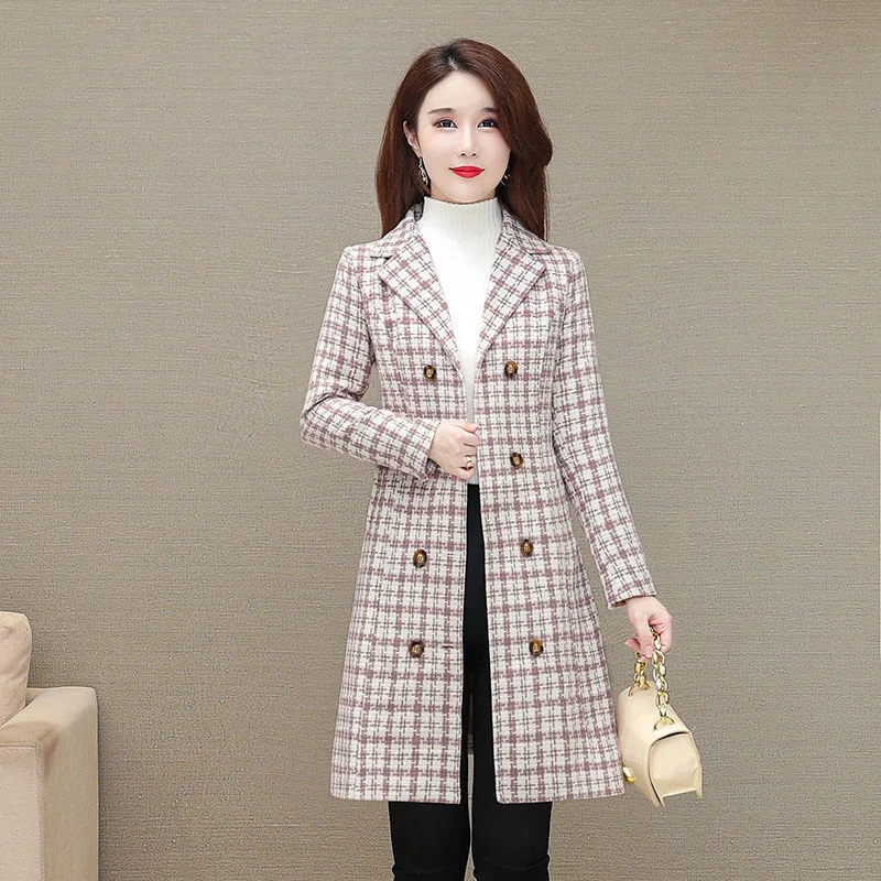 Autumn Winter Women Jacket Fashion Mid-length Double-breasted Lattice Women Woolen Coat 2025 New Overcoat Female Outerwear 5XL