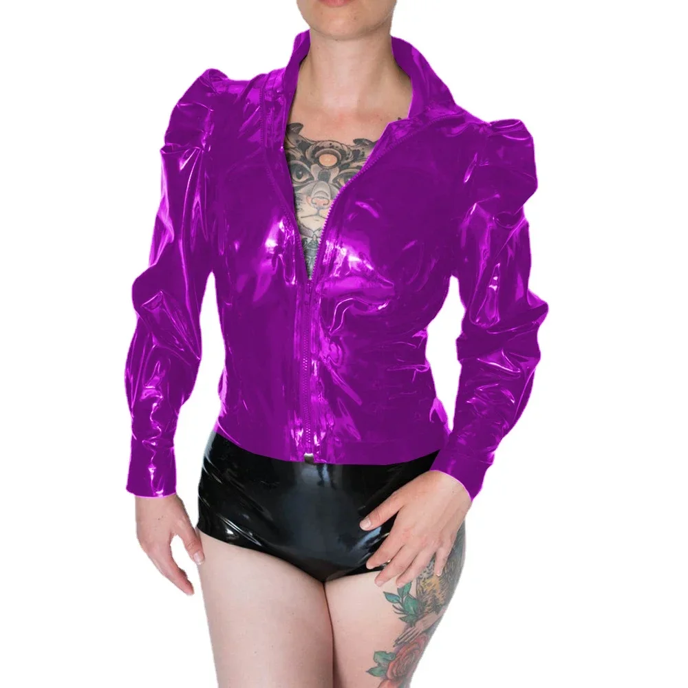 Wetlook PVC Leather Women Puff Long Sleeve Zipper Jackets Bodycon Coats Stand Collar Outerwear Punk Gothic Party Lady Streetwear