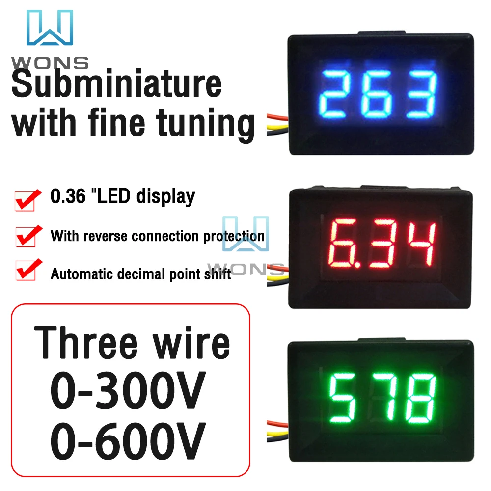 0.36 \'\'0-300V/600V LED voltmetro digitale rosso verde blu LED rilevatore di tensione per auto 3.3-30V lettura calibrare Meter 3 cavo per auto