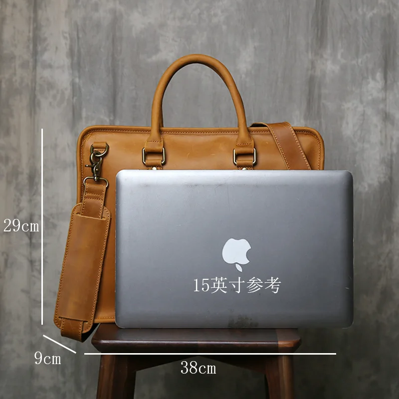 Tas Tangan Kulit Sapi Lapisan Atas Retro Tas Kerja Kulit Asli Sederhana Tas Komputer Buatan Tangan Kulit Kuda Gila Kapasitas Besar