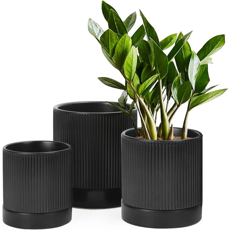 3 Pack Ceramic Plant Pots 6/5/4 inch, Flowerpot for Indoor Plants with Drainage Holes and Tray, Outdoor Garden Planters