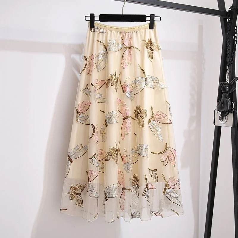 Mesh Floral Skirt Women 2023 Spring Summer Autumn Long Gauze Skirt High Waisted Grace Fashion Puff Skirts Elegant Mujer Printing