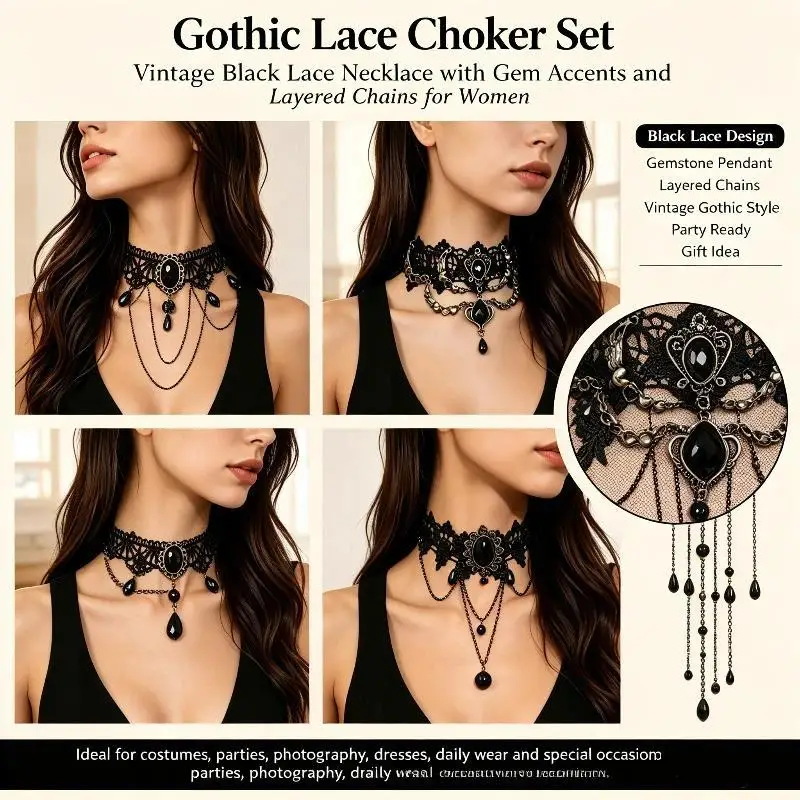 Neue Sexy Gothic Choker Kristall Schwarze Spitze Halskette Vintage Damen Choker Steampunk Schmuck – Detail 1