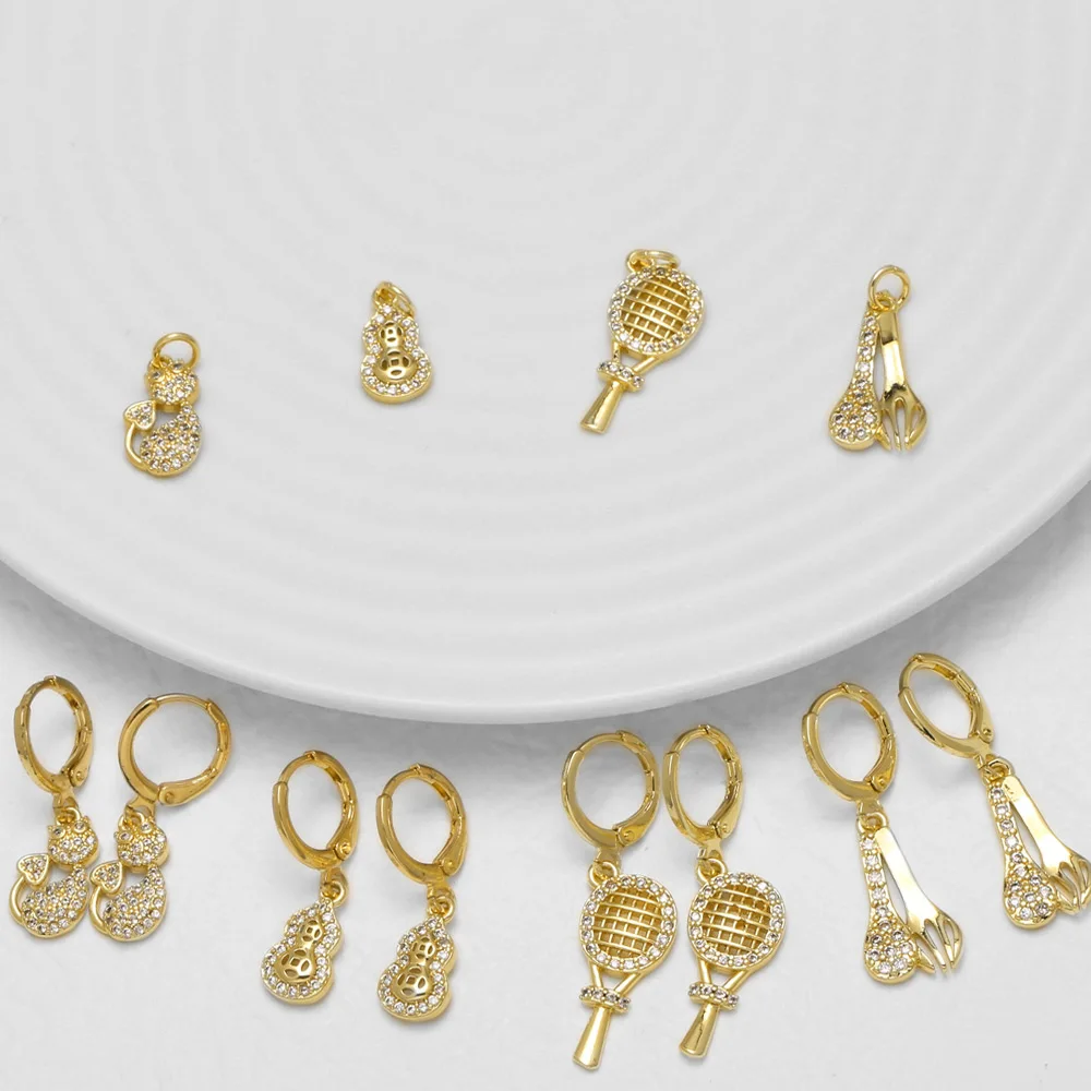 OCESRIO CZ Cat Tennis Racket Gourd Spoon Charm for Earrings Copper Gold Plated Handmade DIY Jewelry Making Supplies chma684