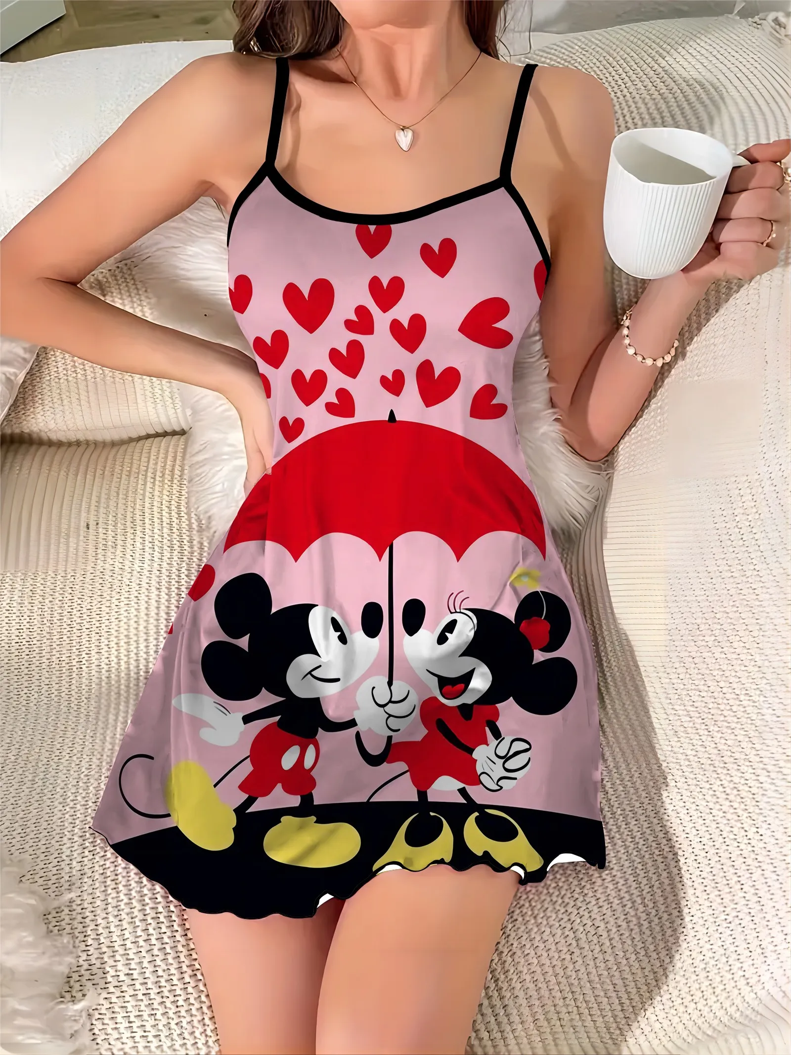 

Fashion Summer Dresses 2024 Lettuce Trim Elegant Chic Dress Minnie Mouse Mickey Disney Crew Neck Pajama Skirt Satin Surface Mini