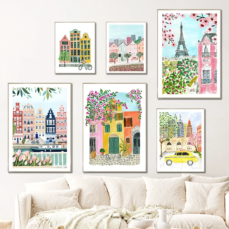 Watercolor Botanical Floral Architecture Cityscape Canvas Painting Posters  Art Wall Bedroom Living Room Home Decoration Gift