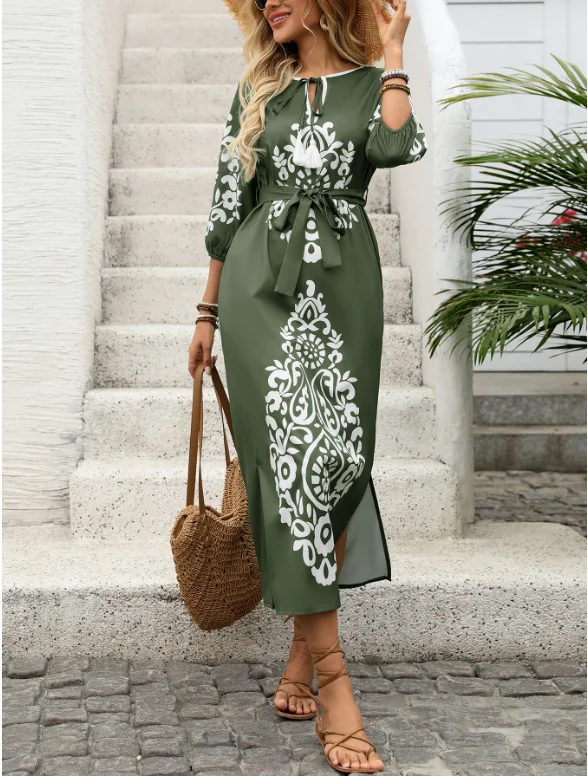 

Womens Dresses Fashion 2025 Spring Summer New Leisure Vacation Personalized Retro Ethnic Style Printed Slit Dress