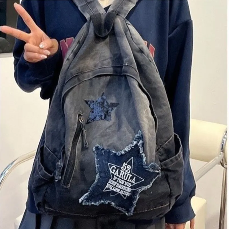 JIAERDI Vintage Star Harajuku Backpack Wanita Denim Kapasitas Besar Tas Ransel Pelajar Y2k Serbaguna untuk Sehari-hari Mochilas Mujer Baru