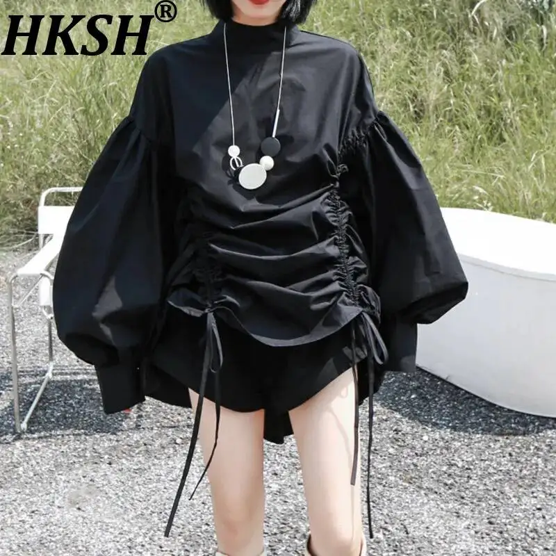 

HKSH Women Dress Two-Way Wear Drawstring Pleated Lantern Sleeves Stand Collar Oversized Casual Ins Dresses Spring Summer HK23358
