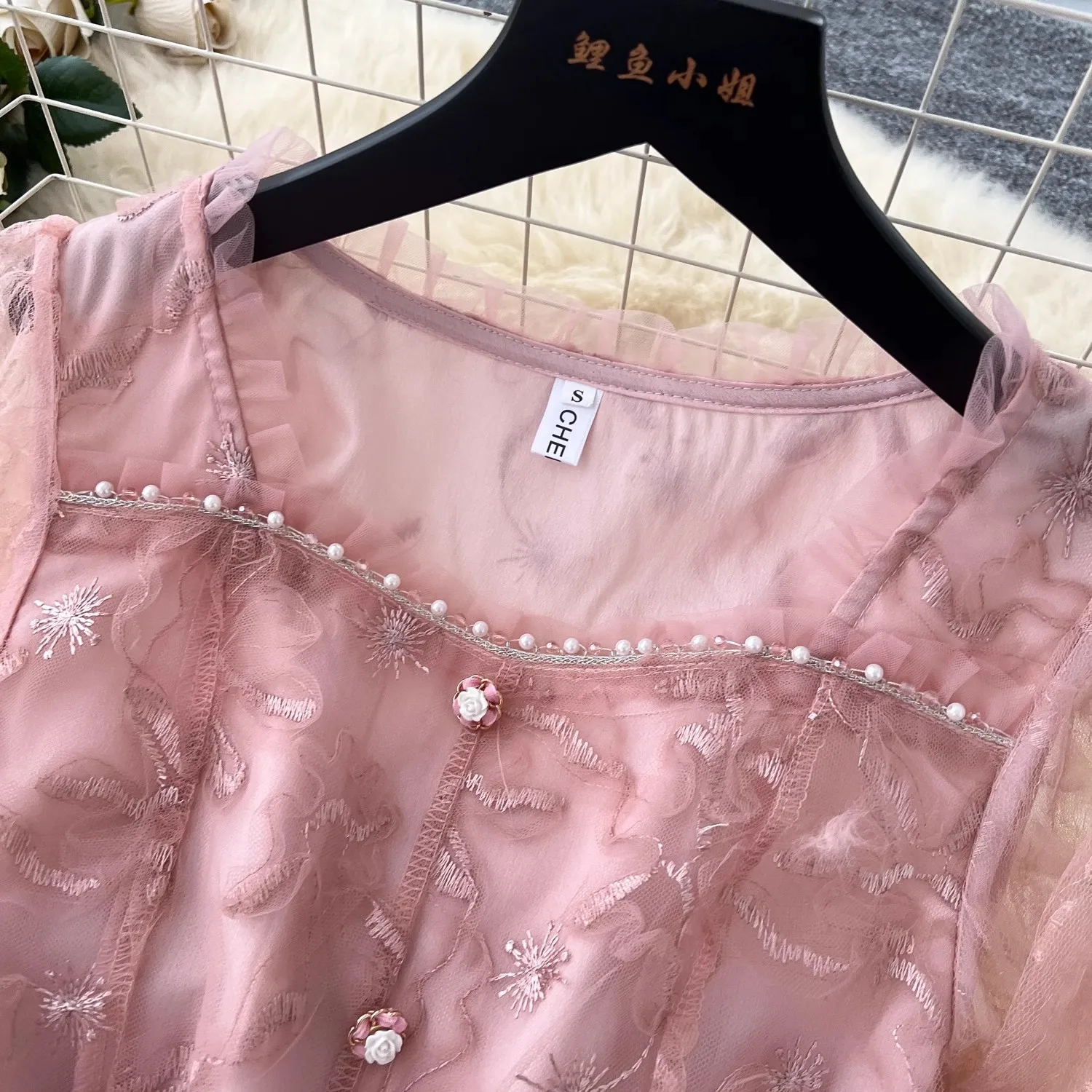 Women's Square Collar Sweet Pink Beading Embroidery Sequins Mesh Multilayer Cake Dress Casual Lady Sequined Lace A-Line Vestido